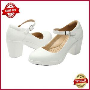 Women's Chunky Heel Pumps with Arch Support, Round Toe Dress Shoes